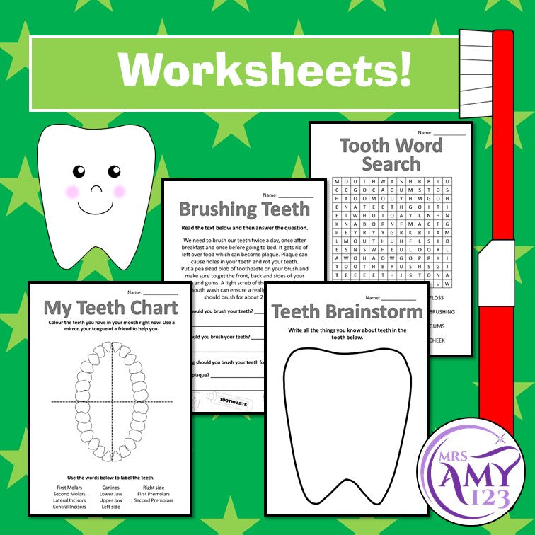 Tooth Package- Lost Teeth Chart, Brushing Teeth Chart, Cards and Worksheets!