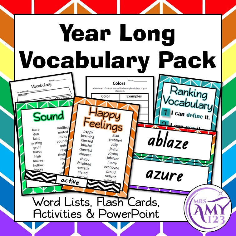 Year Long Vocabulary Bundle- Word Lists, Flash Cards & Activities