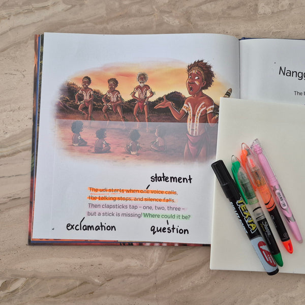 Open book with illustrations of children and text, markers on a textured surface