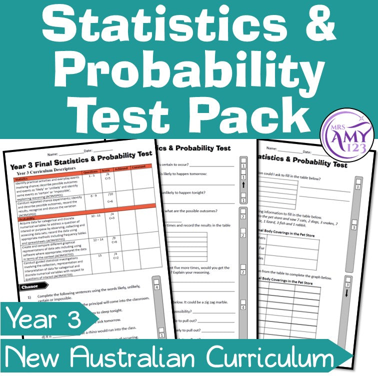 Year 3 Statistics & Probability Maths Test Pack- Australian Curriculum