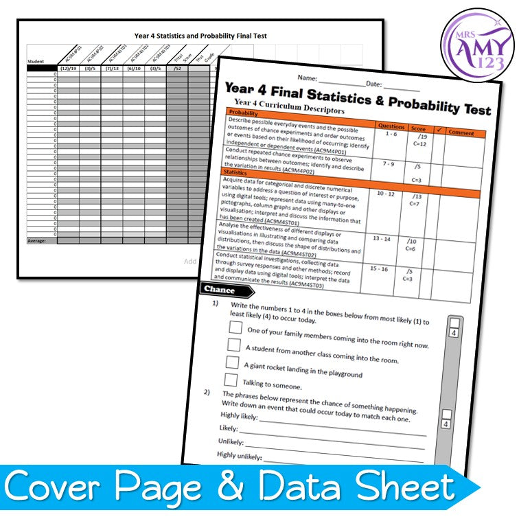 Year 4 Maths - Statistics & Probability Test Pack - Australian Curriculum