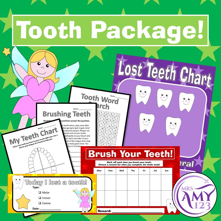Tooth Package- Lost Teeth Chart, Brushing Teeth Chart, Cards and Worksheets!