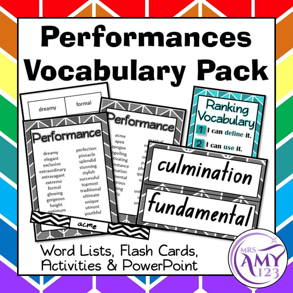 Performance Vocabulary Pack- Word Lists, Flash Cards & Activities