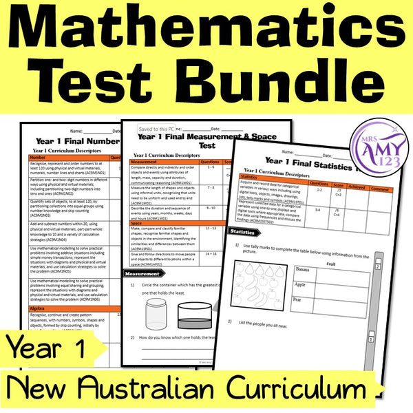 Year 1 Mathematics Test Bundle- Australian Curriculum