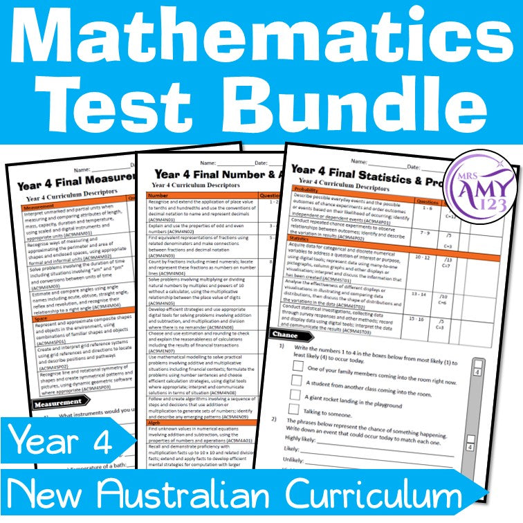Australian Curriculum Year 4 Mathematics Test Bundle
