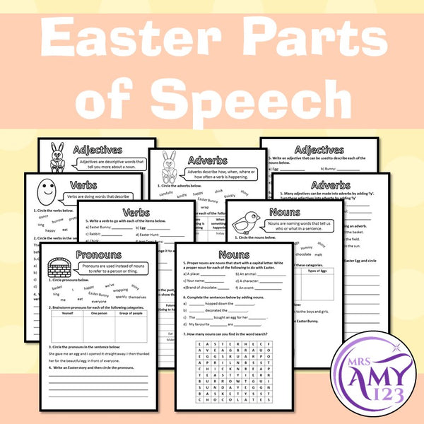 Easter Parts of Speech (Grammar) Worksheets- Nouns, Verbs, Adjectives & More