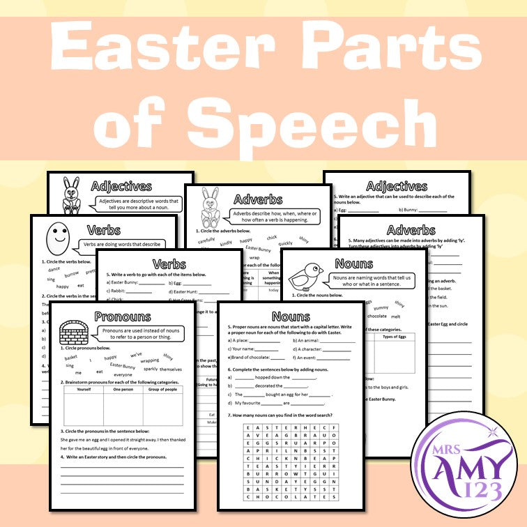 Easter Parts of Speech (Grammar) Worksheets- Nouns, Verbs, Adjectives & More