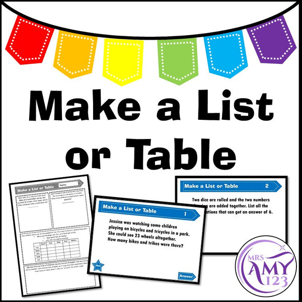 Make a List or a Table Problem Solving PowerPoint, Task Cards and Worksheet