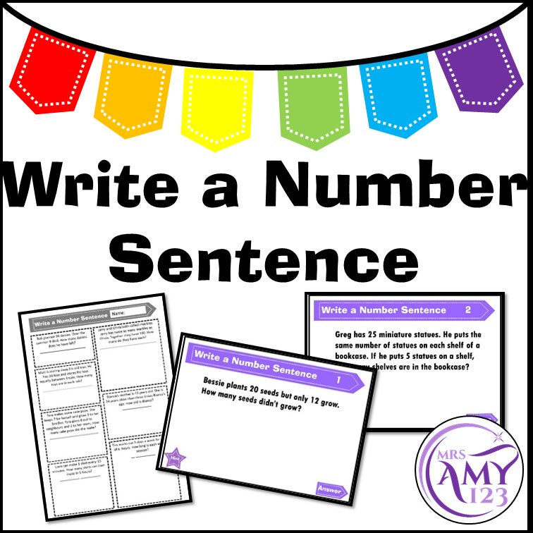 Write a Number Sentence - Problem Solving PowerPoint, Task Cards and W