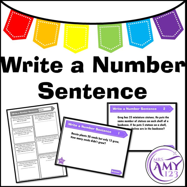 Write a Number Sentence - Problem Solving PowerPoint, Task Cards and Worksheet