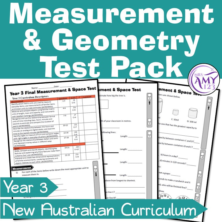 Year 3 Measurement & Geometry Maths Test Pack- Australian Curriculum