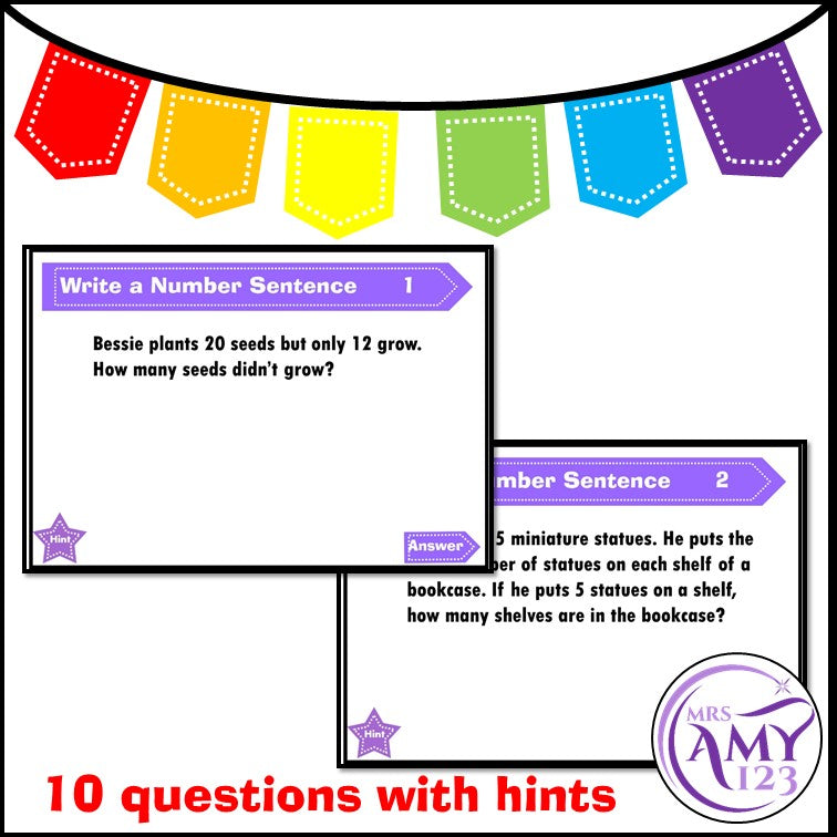 Write a Number Sentence - Problem Solving PowerPoint, Task Cards and Worksheet