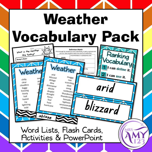 Weather Vocabulary Pack- Word Lists, Flash Cards & Activities