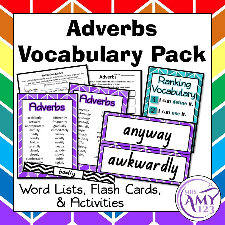 Adverbs Vocabulary Pack- Word Lists, Flash Cards & Activities