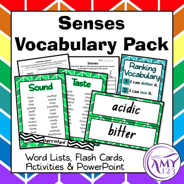 Senses Vocabulary Pack- Word Lists, Flash Cards & Activities