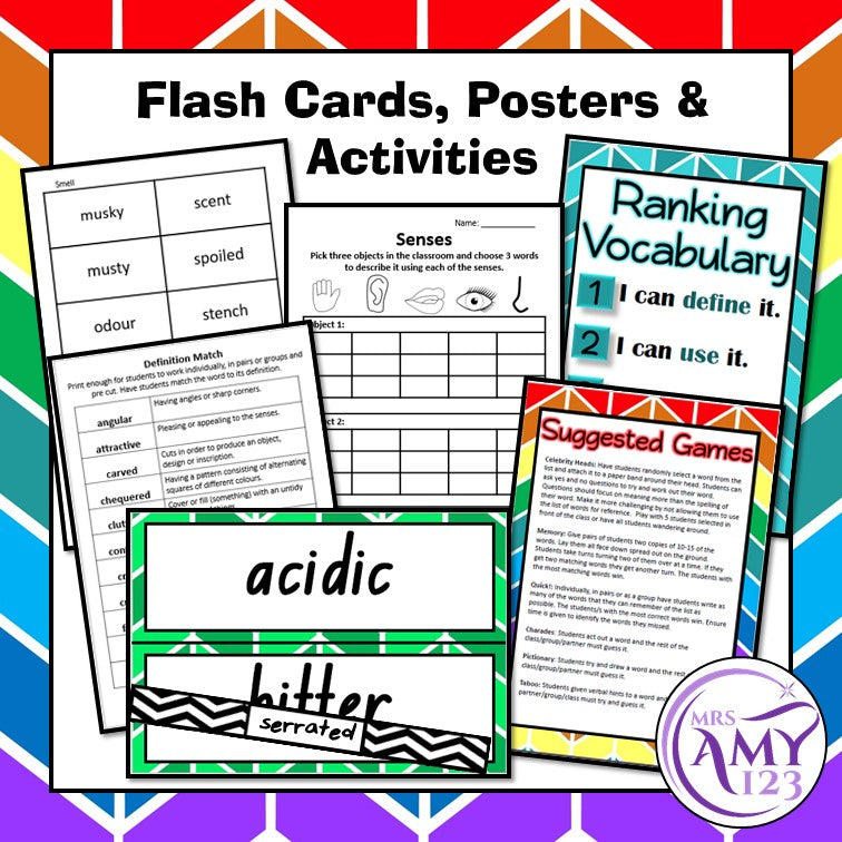 Senses Vocabulary Pack- Word Lists, Flash Cards & Activities