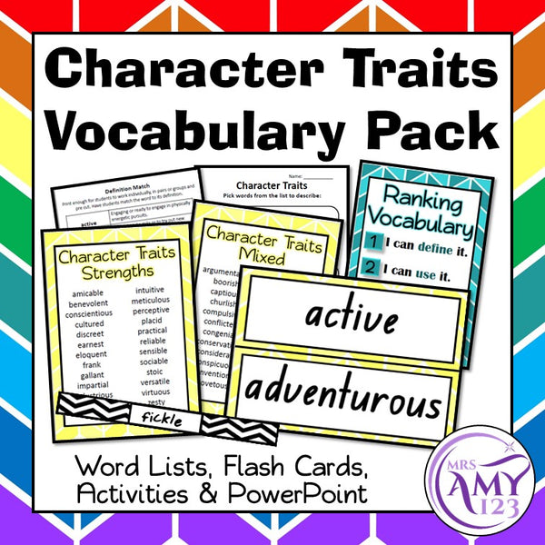 Character Traits Vocabulary Pack- Word Lists, Flash Cards & Activities
