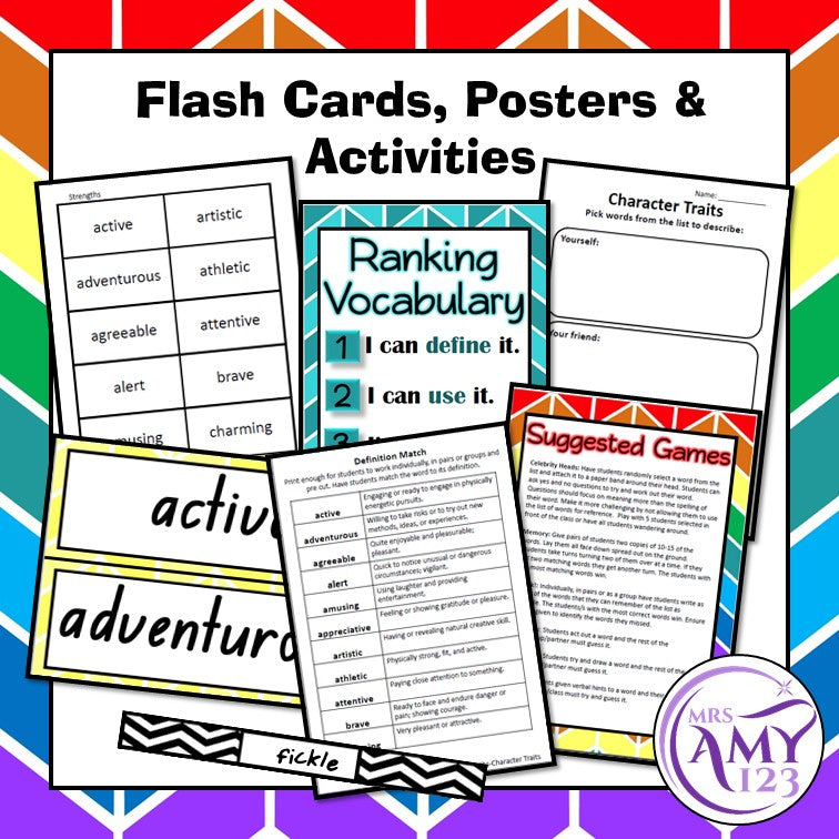 Character Traits Vocabulary Pack- Word Lists, Flash Cards & Activities