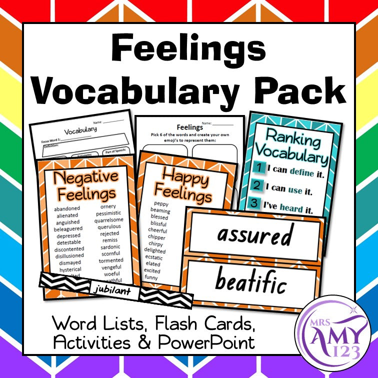 Feelings Vocabulary Pack- Word Lists, Flash Cards & Activities
