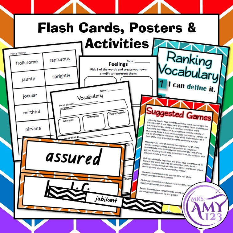 Feelings Vocabulary Pack- Word Lists, Flash Cards & Activities
