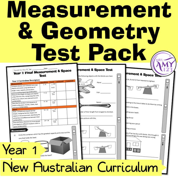 Year 1 Measurement & Geometry Maths Test Pack- Australian Curriculum