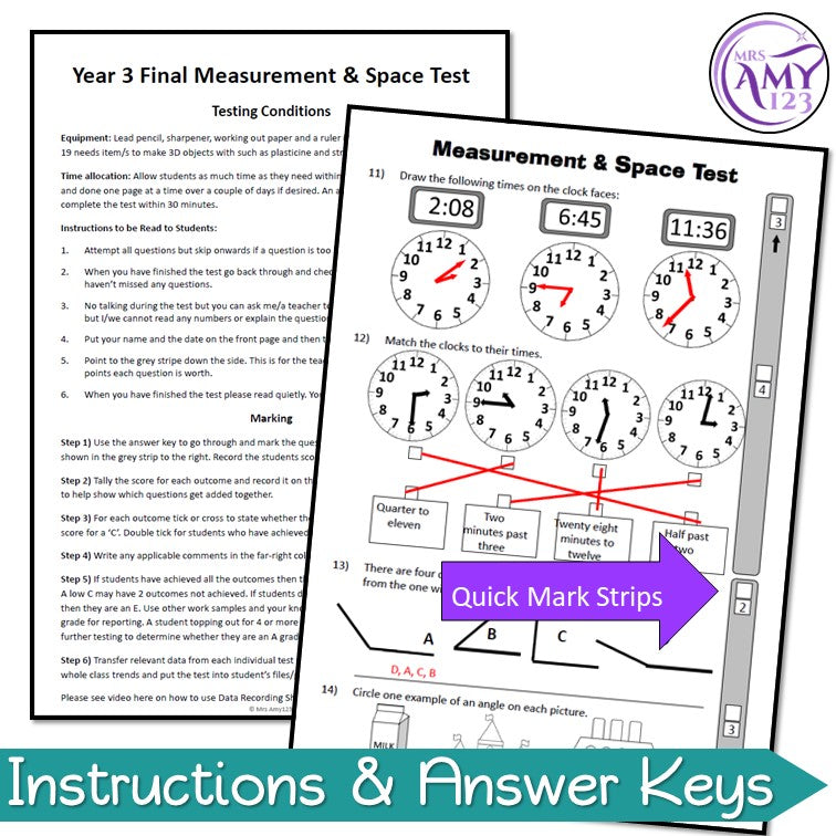 Year 3 Measurement & Geometry Maths Test Pack- Australian Curriculum