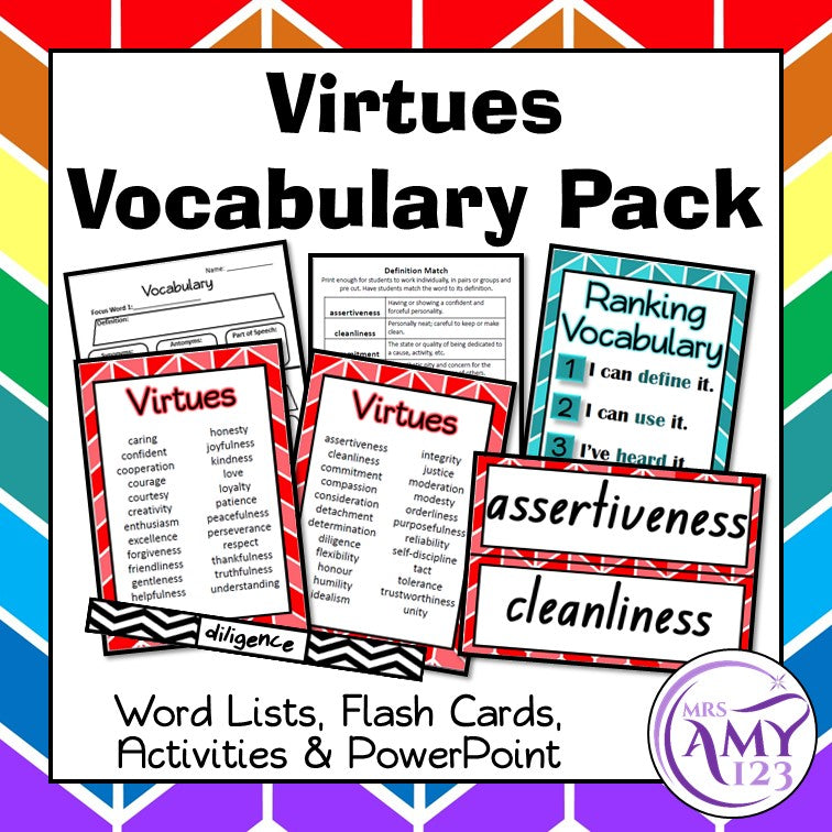 Virtues Vocabulary Pack- Word Lists, Flash Cards & Activities