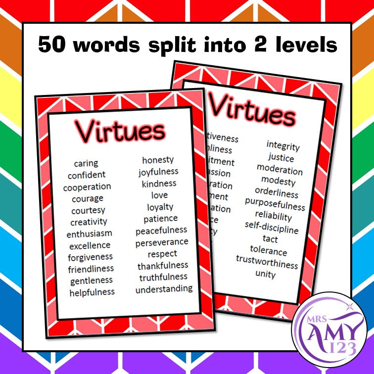 Virtues Vocabulary Pack- Word Lists, Flash Cards & Activities
