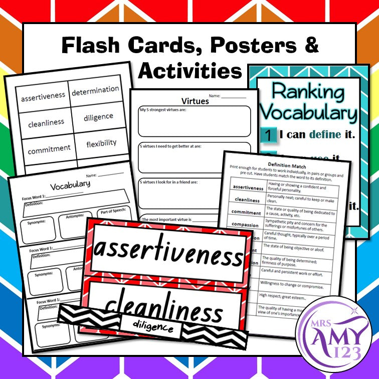 Virtues Vocabulary Pack- Word Lists, Flash Cards & Activities