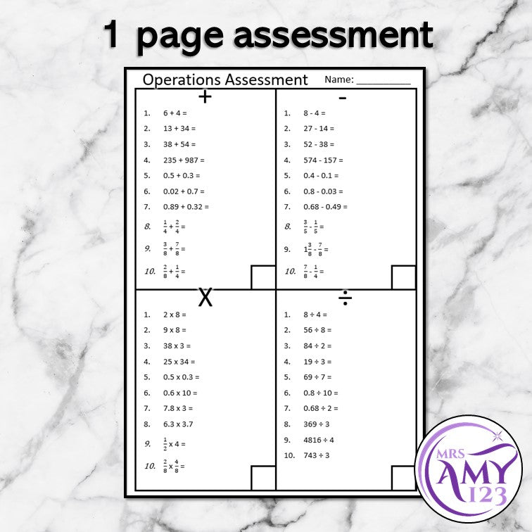 Operations Assessment- Addition, Subtraction, Multiplication & Division