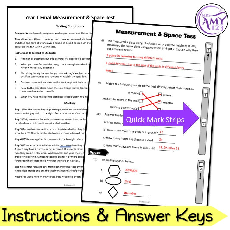 Year 1 Maths - Measurement & Geometry Test Pack - Australian Curriculum